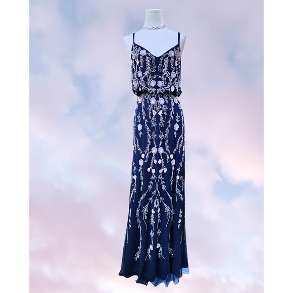 Adrianna Papell Dresses & Skirts - Adrianna Papell Navy Blue Blouson Floral Beaded V-Neck Formal Maxi Dress Sz 4